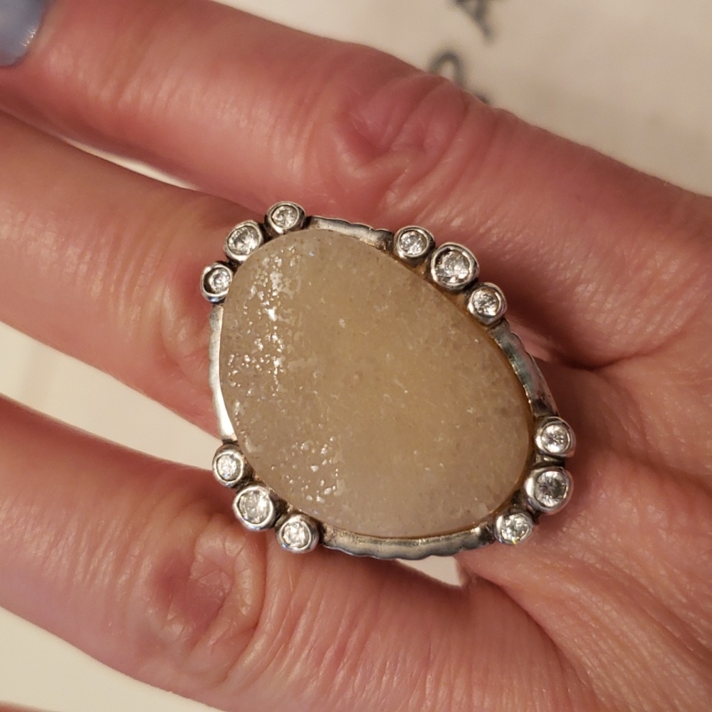 Silpada Sterling Silver ring with raw stone and cubic zirconia. Size 7